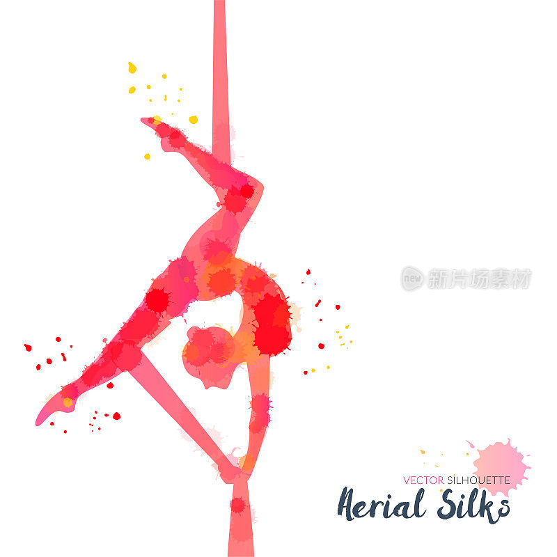 Silhouettes of a gymnast in the aerial silks. Vector watercolor illustration on a white background. Air gymnastics concept